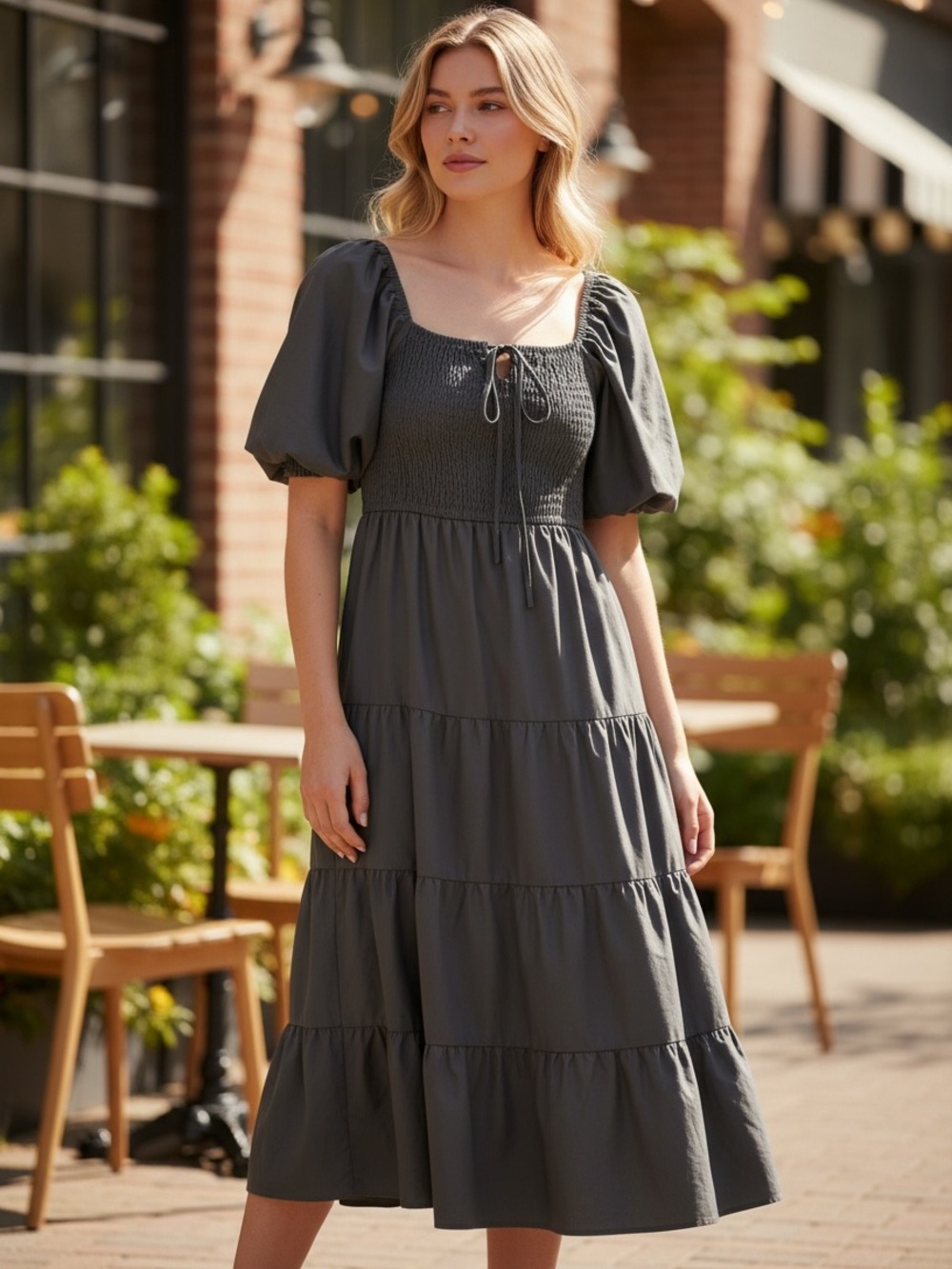 Greylin Smocked Puff-Sleeve Midi Tiered Dress in Black, Cotton Blend, Medium